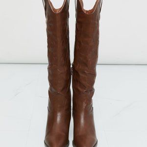 Forever Link Knee High Riding Boots - Low Stacked Heel Side Zip Buckle Tan Boots